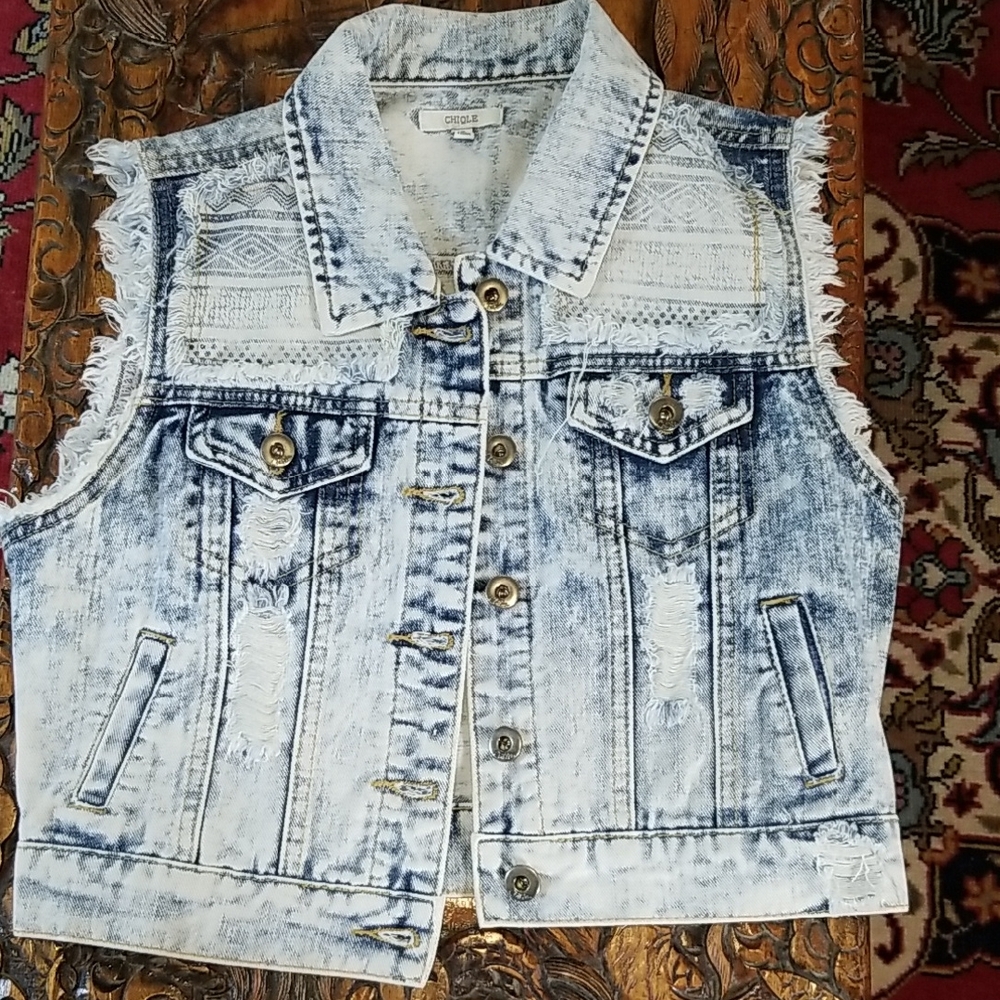 CHIQLE Vintage 2000 Acid Wash Aztec Denim Trucker Vest Small Blue